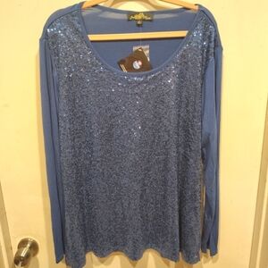Joan Boyce NWT Royal Blue Sequin Stretch Knit Long Sleeve Scoop Neck Top Sz 1X
